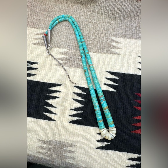 Native American Jewelry - Native American Sterling Silver Natural Turquoise Heishi Bead Necklace